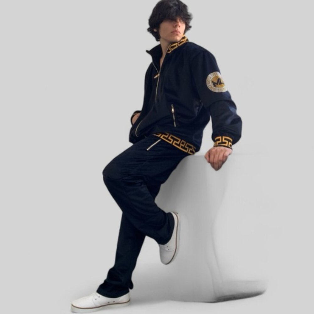Men’s Manzini Black | Gold Velvet Rhinestone Casual Tracksuit NWT
